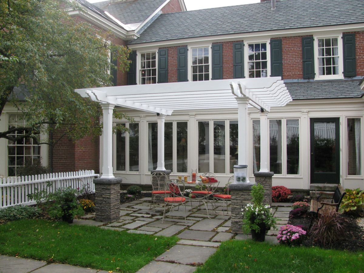 Crowe Fence & Deck white backyard pergola ideas big house garden small dinner table