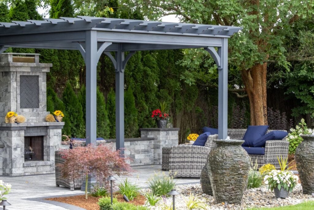 backyard pergola ideas wooden roof fireplace
