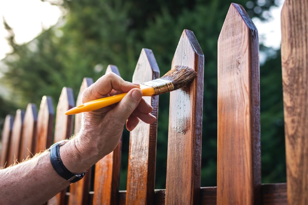 Painting protective varnish on wooden picket fence at backyard