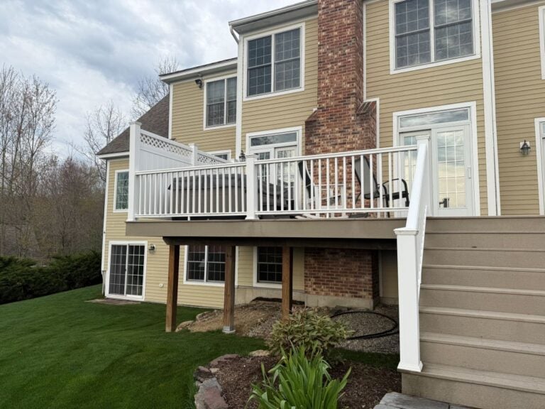 deck repair cost modern deck white fence big siding house brick chimney