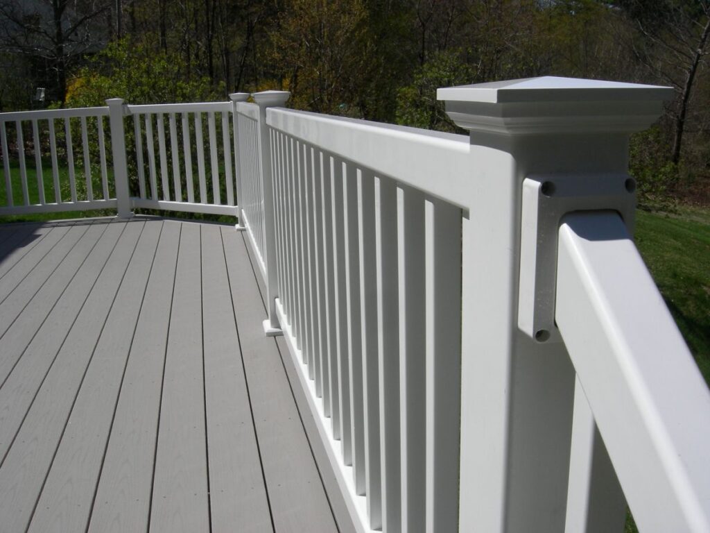 close-up of white vinyl deck railing