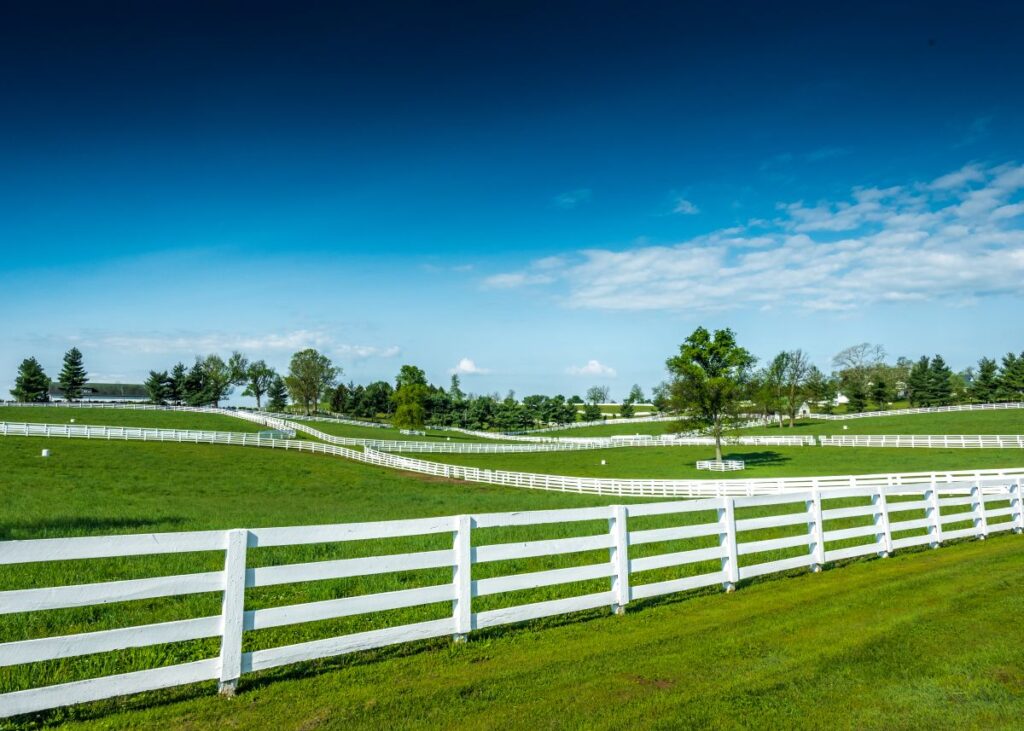 Green pastures and white vinyl horse fences