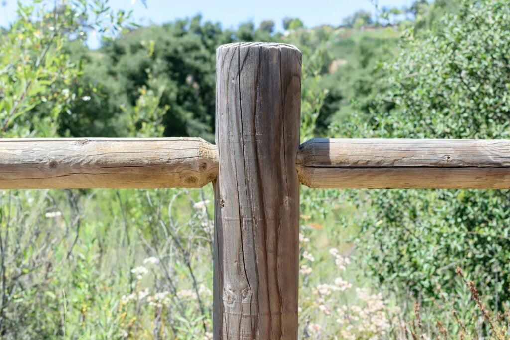 Wood fence post with lush background